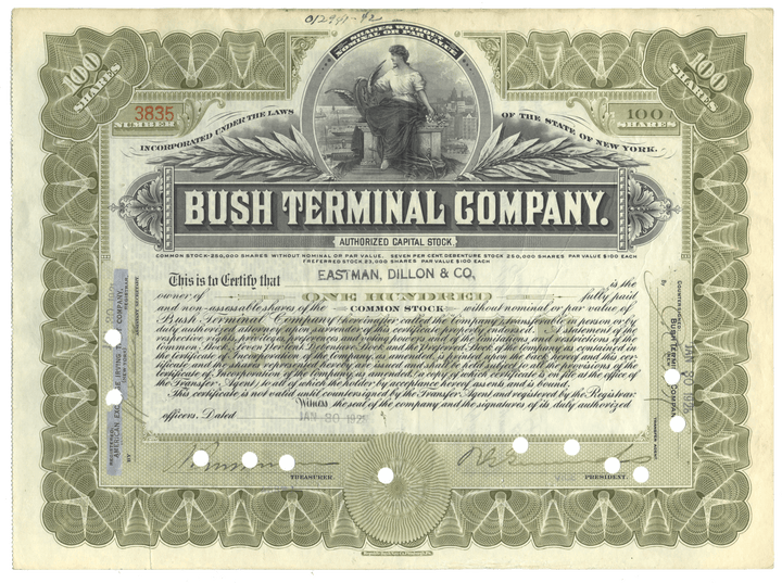 Stock certificate of the Bush Terminal Company with decorative elements and text.