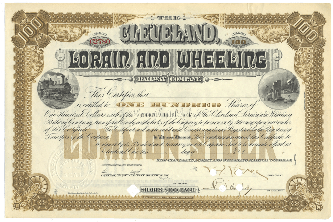 Historical stock certificate for the Cleveland, Lorain and Wheeling Railway Company with decorative elements circa 1890's