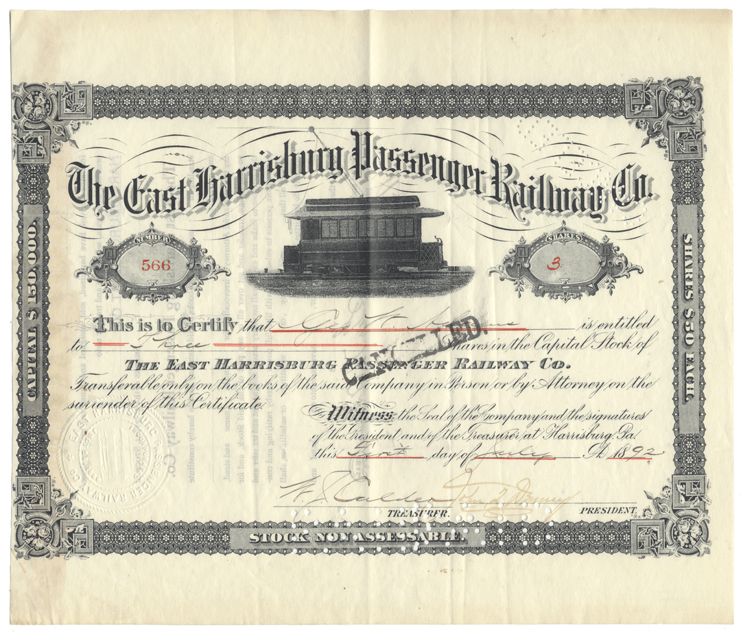 Vintage stock certificate for The East Harrisburg Passenger Railway Co. with decorative elements and text.
