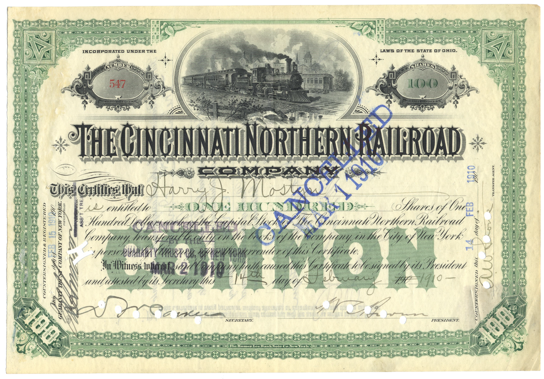 Cincinnati Northern Railroad Company Stock Certificate