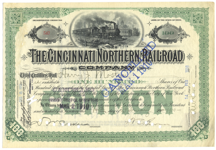 Cincinnati Northern Railroad Company Stock Certificate