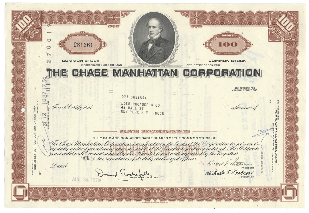 A vintage Chase Manhattan Corporation stock certificate from 1970