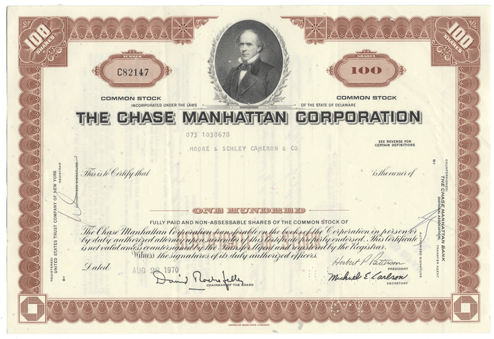 Stock certificate of The Chase Manhattan Corporation with a portrait of a man.