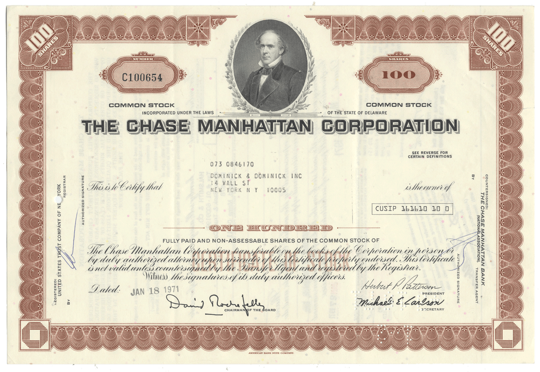 Vintage stock certificate of The Chase Manhattan Corporation with a portrait of a man in a frame.
