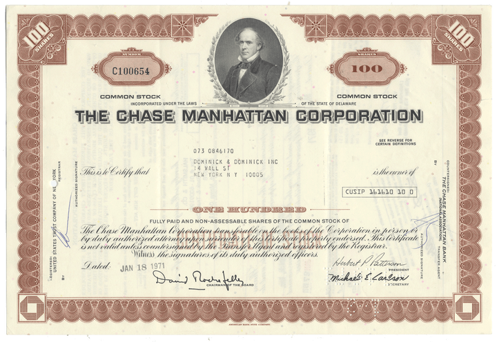 Vintage stock certificate of The Chase Manhattan Corporation with a portrait of a man in a frame.