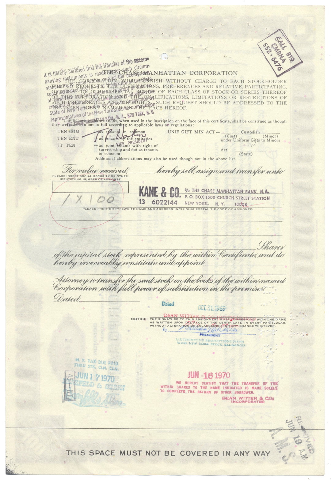 Chase Manhattan Corporation Stock Certificate