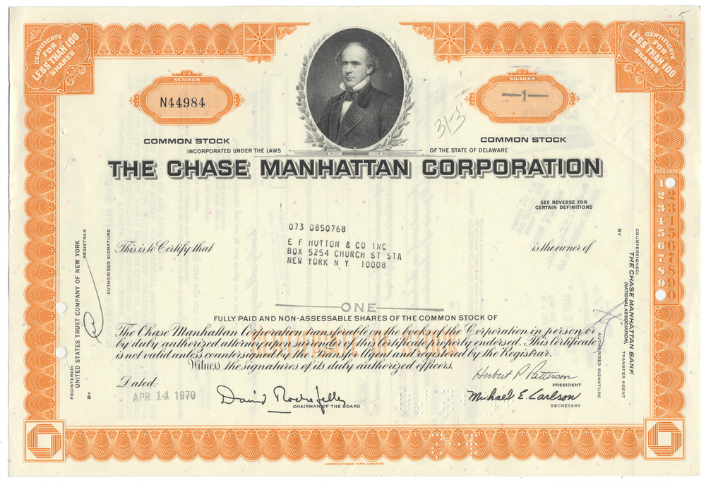 Vintage stock certificate of The Chase Manhattan Corporation with a portrait of a man in a suit.