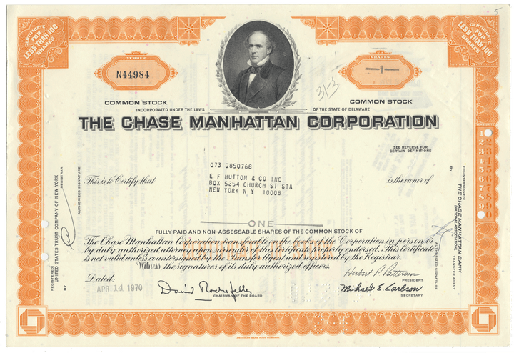 Vintage stock certificate of The Chase Manhattan Corporation with a portrait of a man in a suit.