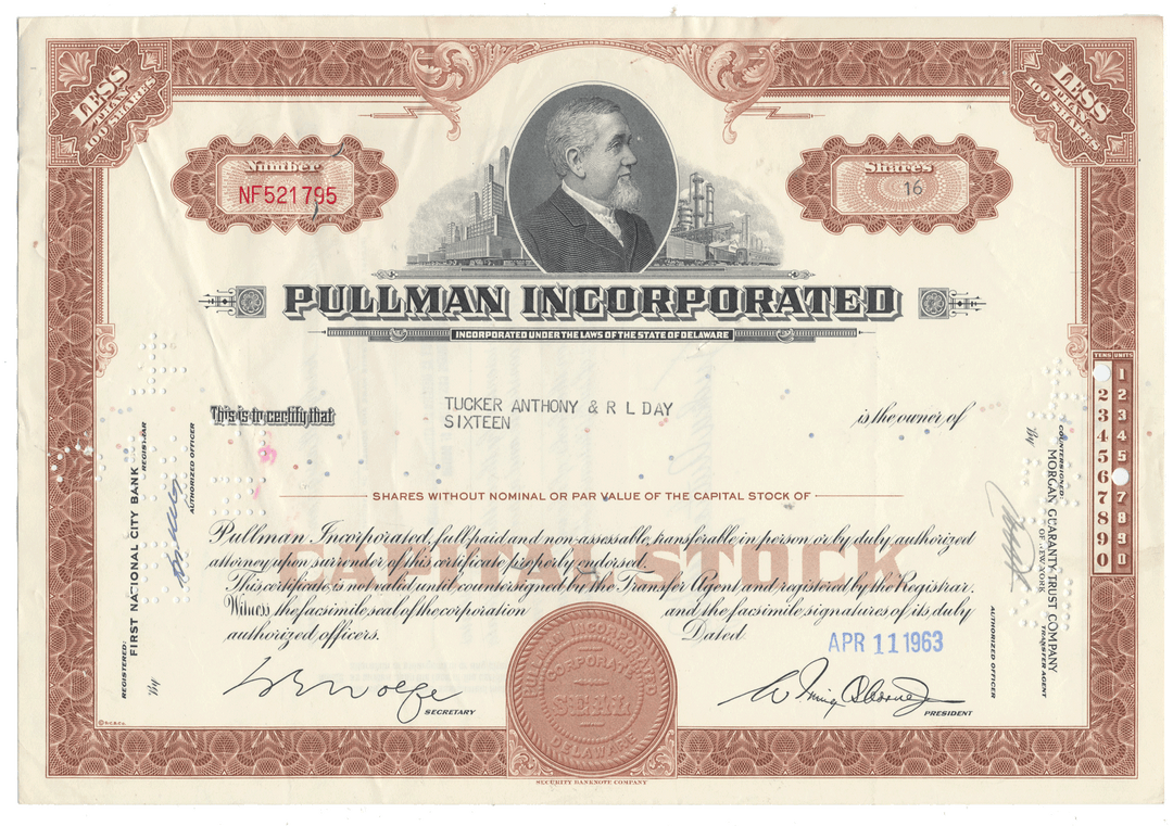 Pullman Incorporated stock certificate with a portrait of a man on the top