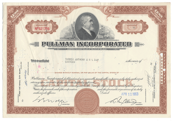 Pullman Incorporated stock certificate with a portrait of a man on the top