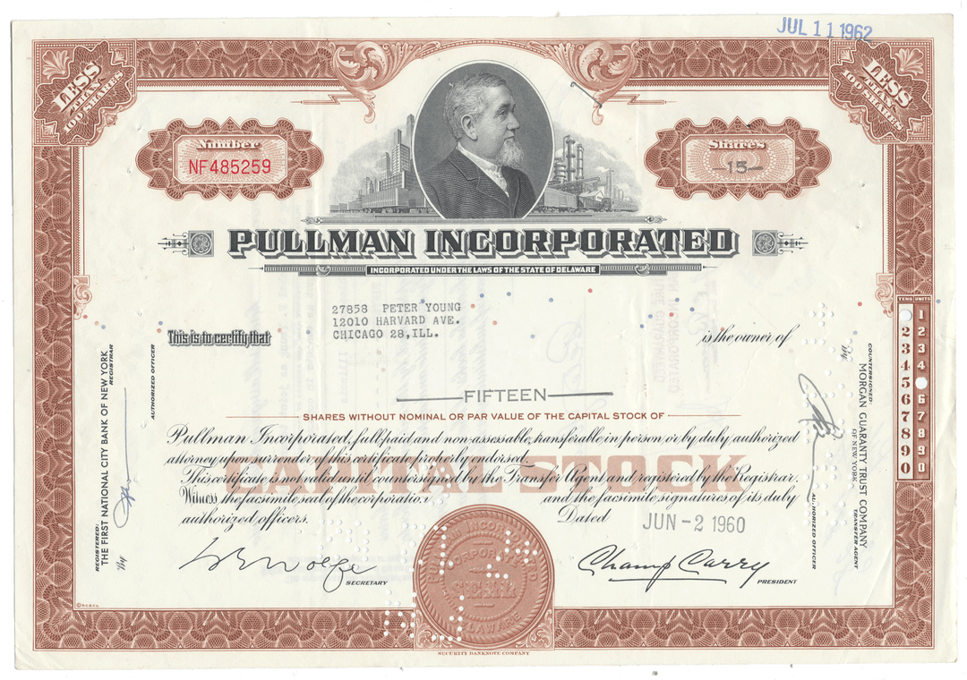 Pullman Incorporated stock certificate with a portrait of a man from 1960