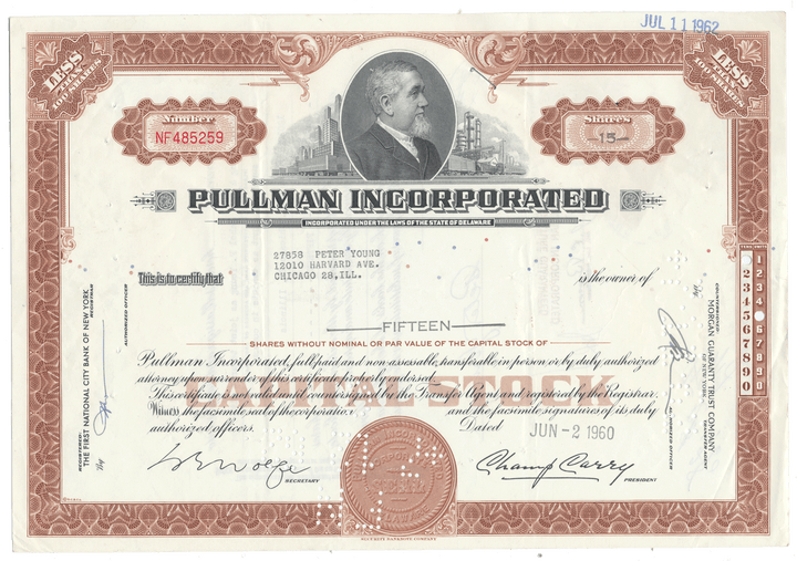 Pullman Incorporated stock certificate with a portrait of a man from 1960