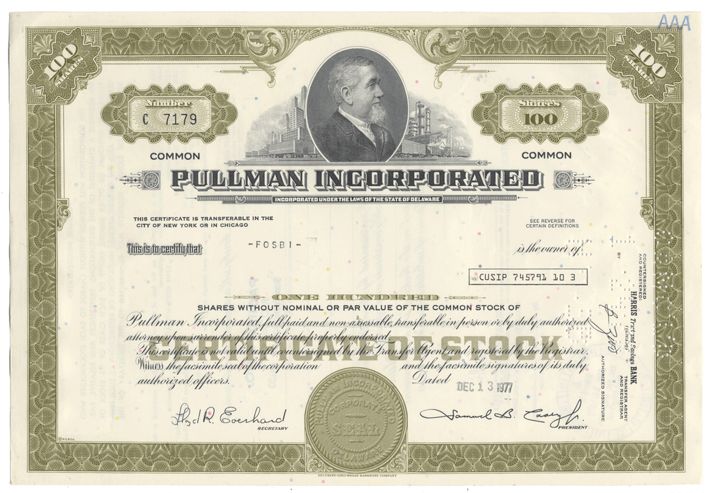 Pullman Incorporated stock certificate with a portrait of a man