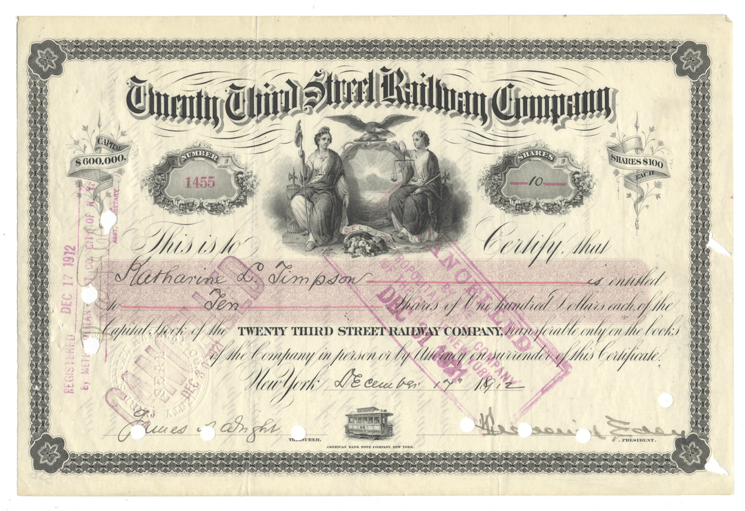 Vintage stock certificate from the Twenty-Third Street Railroad Company from 1912
