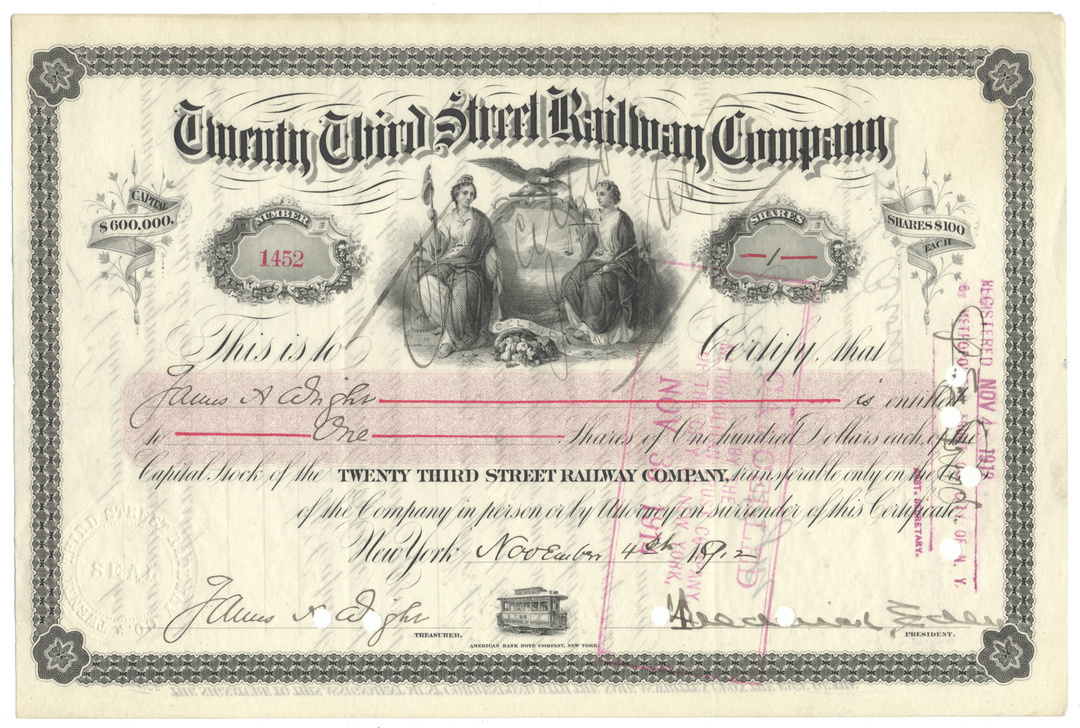 Vintage stock certificate for the Twenty-Third Street Railroad Company with decorative elements.