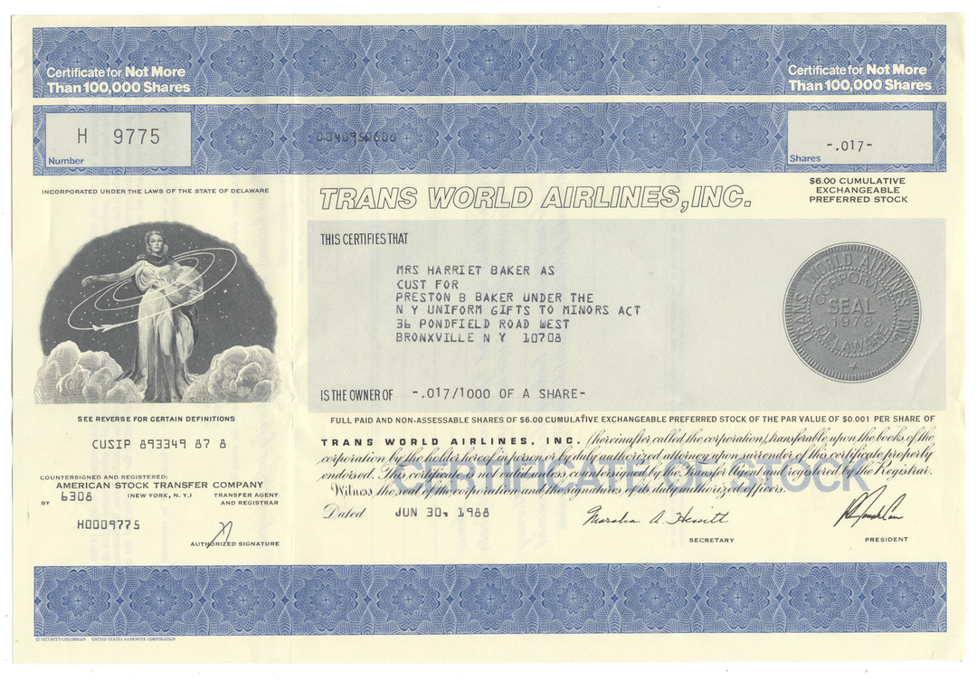 Trans World Airlines, Inc. Stock Certificate