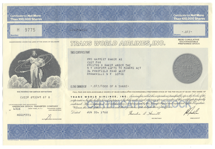 Trans World Airlines, Inc. Stock Certificate