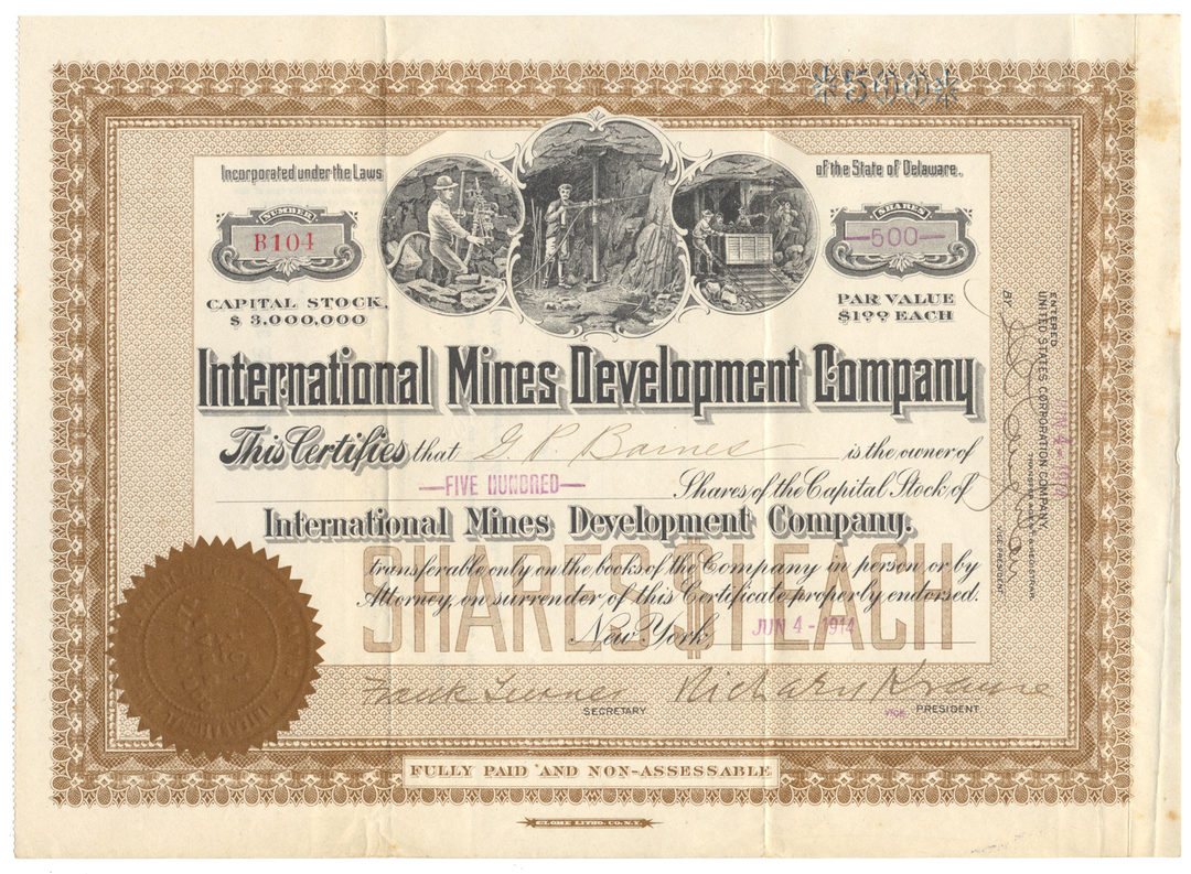 International Mines Development Company Stock Certificate