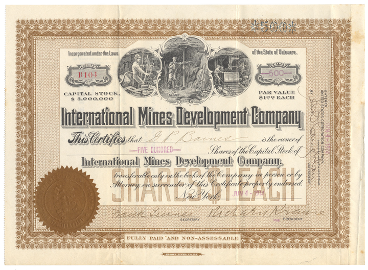 International Mines Development Company Stock Certificate