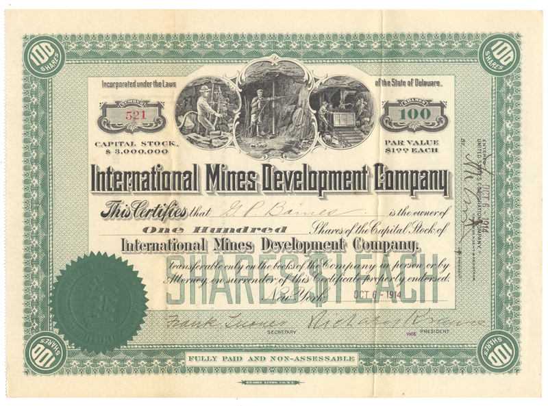 International Mines Development Company Stock Certificate