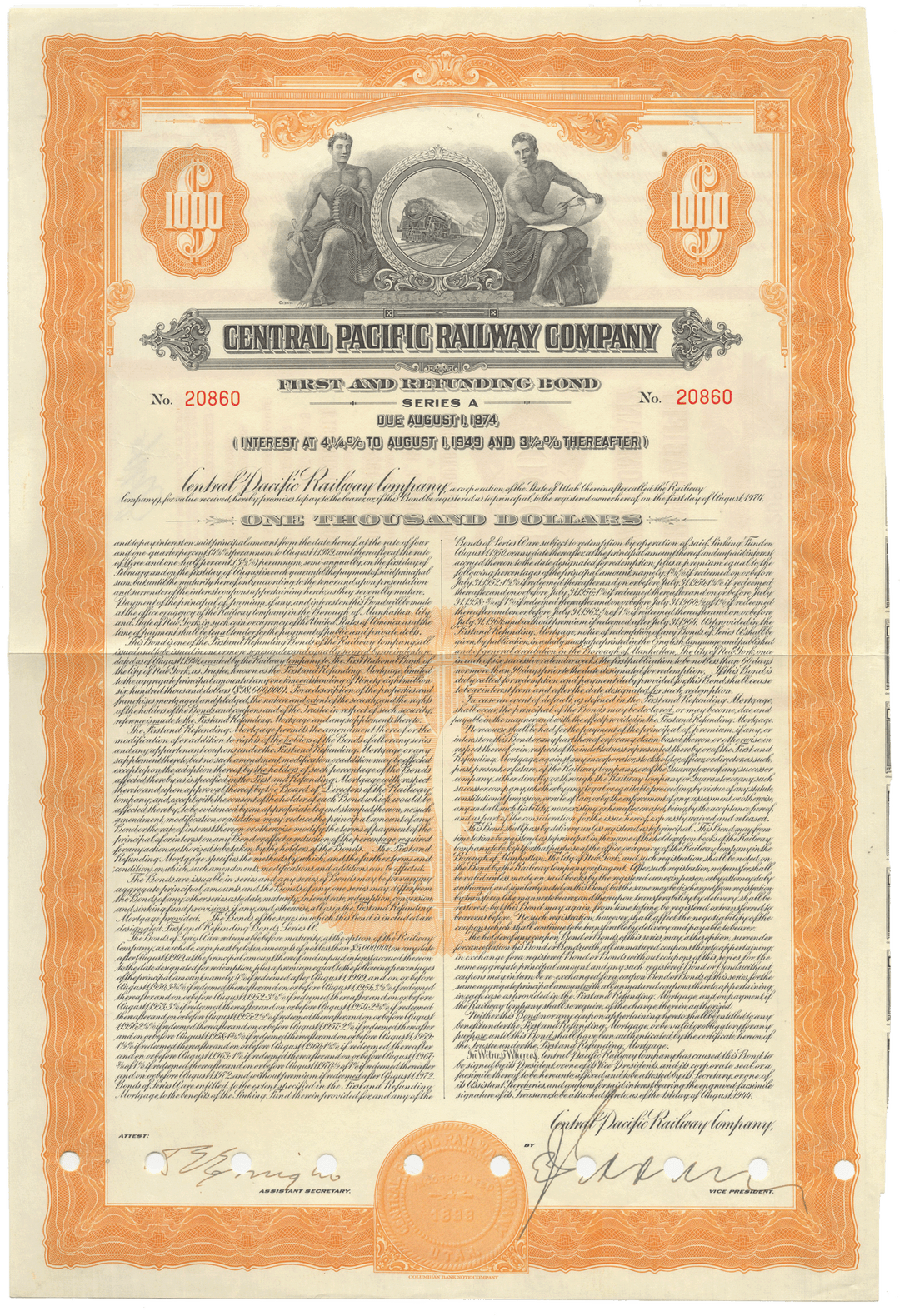 Historical bond certificate of the Central Pacific Railway Company with text and seal.