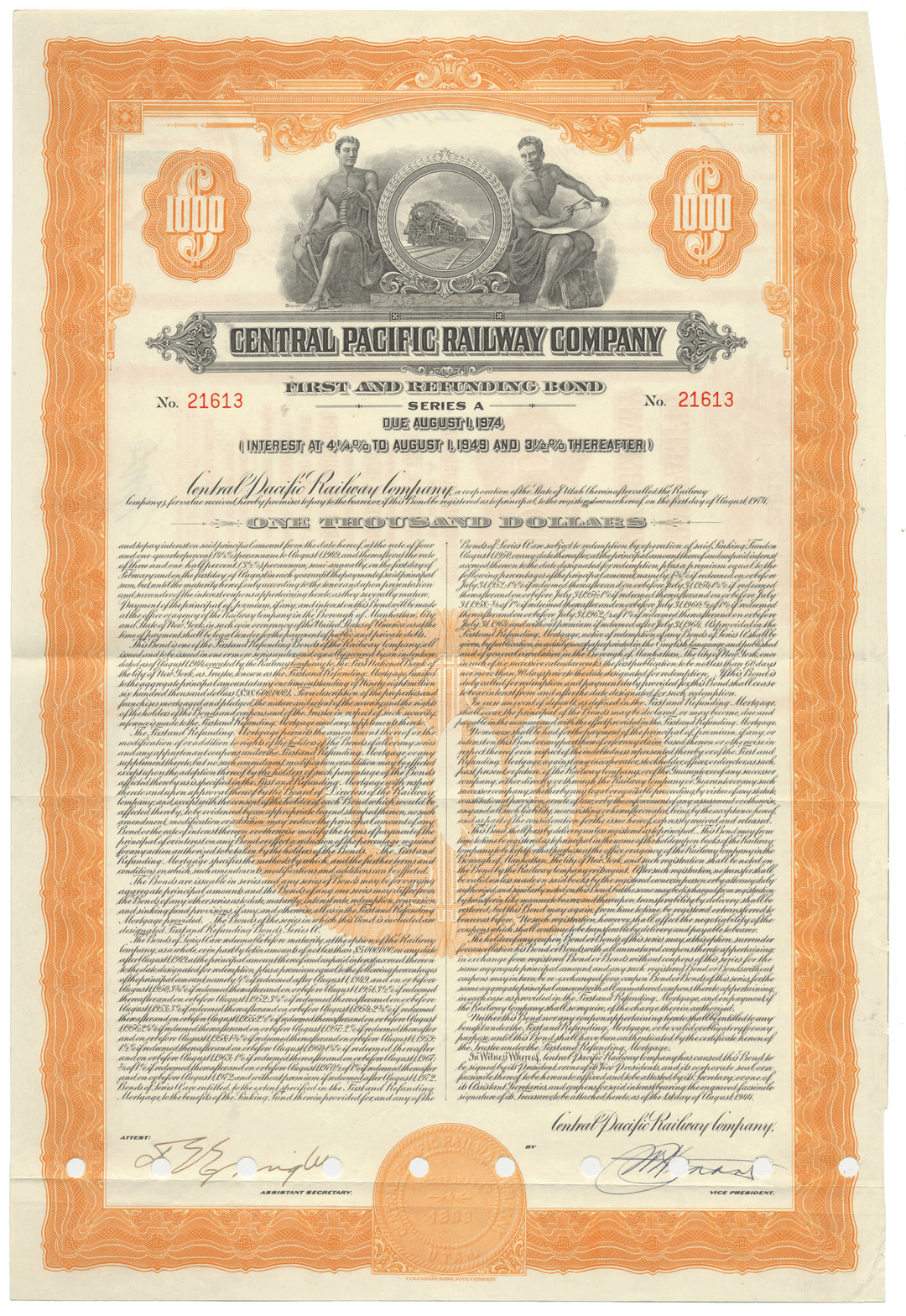Historical bond certificate from the Central Pacific Railway Company with decorative border.