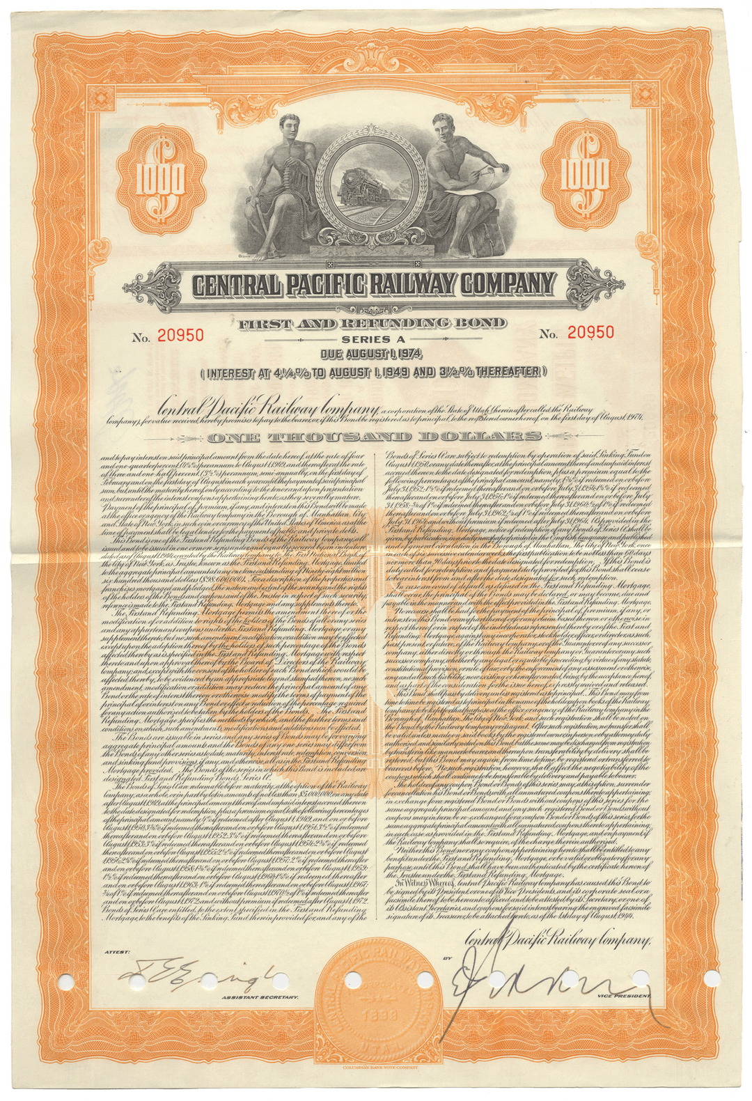 Historical document of the Central Pacific Railway Company with decorative border and text.