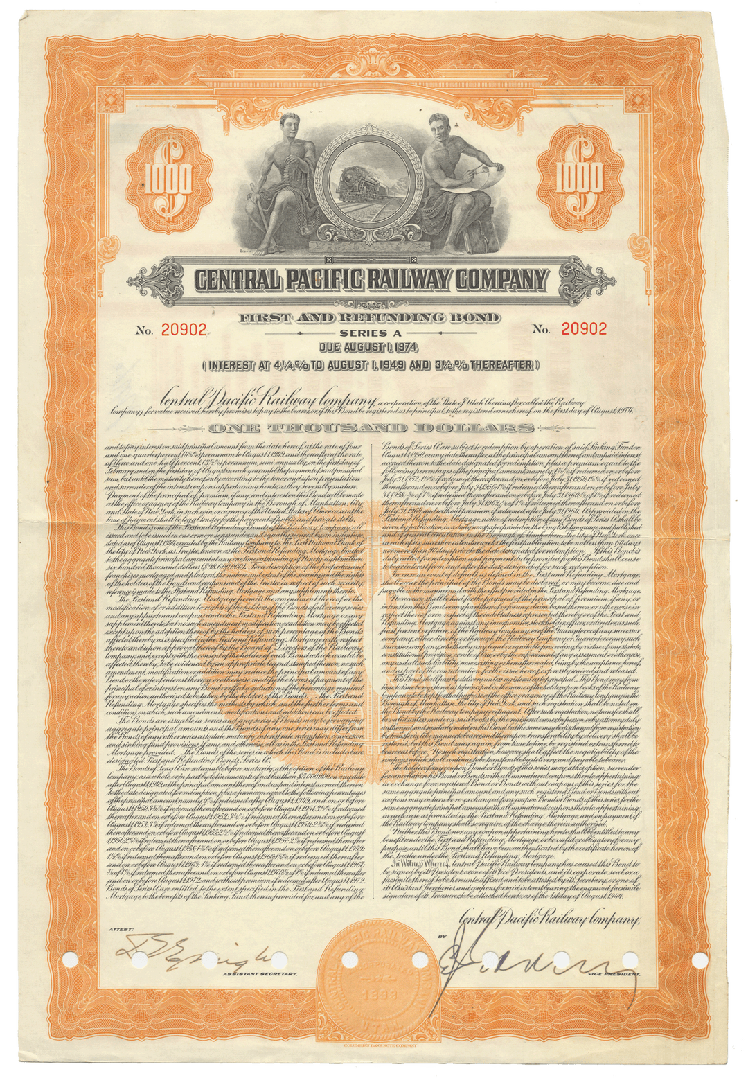 Central Pacific Railway Company Bond Certificate from 1944