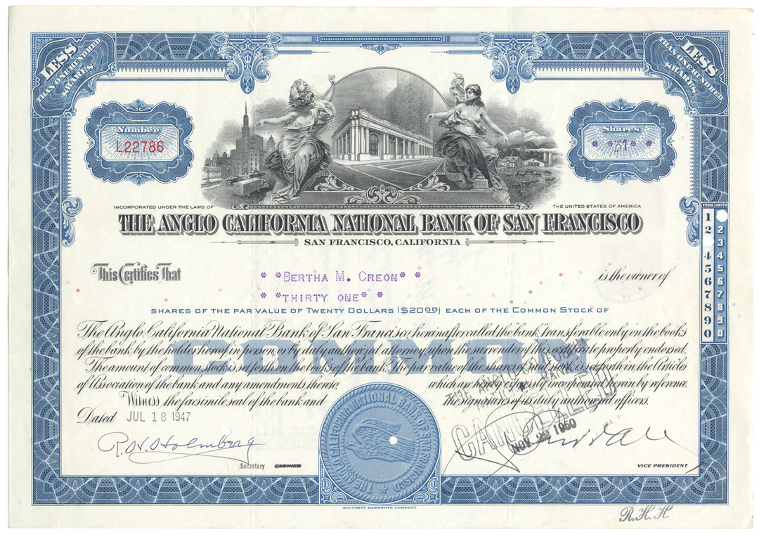 Anglo California National Bank of San Francisco Stock Certificate