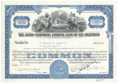 Anglo California National Bank of San Francisco Stock Certificate