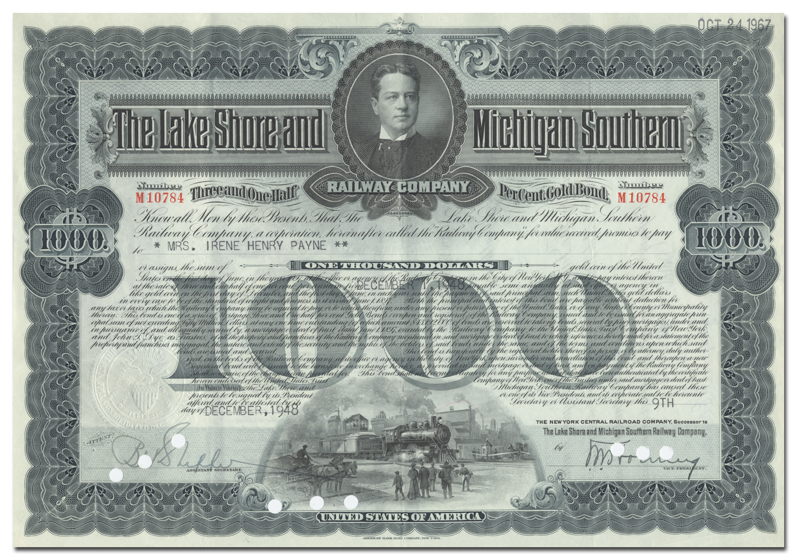 Vintage bond certificate for The Lake Shore and Michigan Southern Railway Company with a portrait and train illustration.