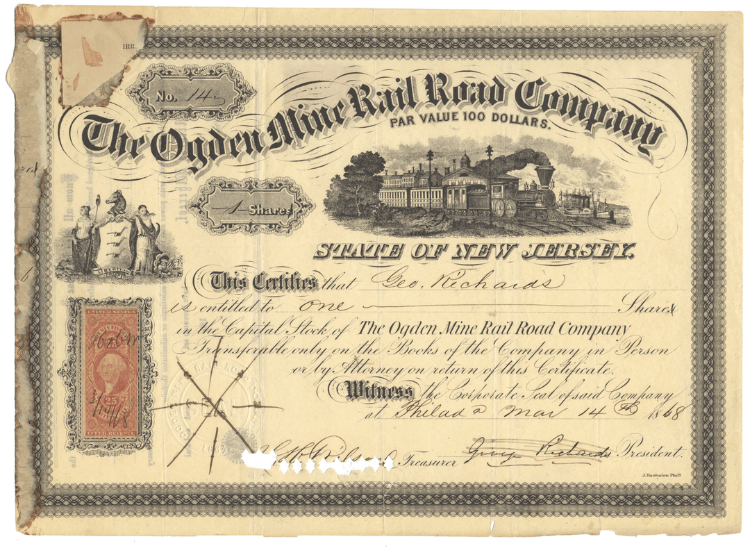 Vintage stock certificate from the Ogden Mine Rail Road Company with a red stamp and black text.