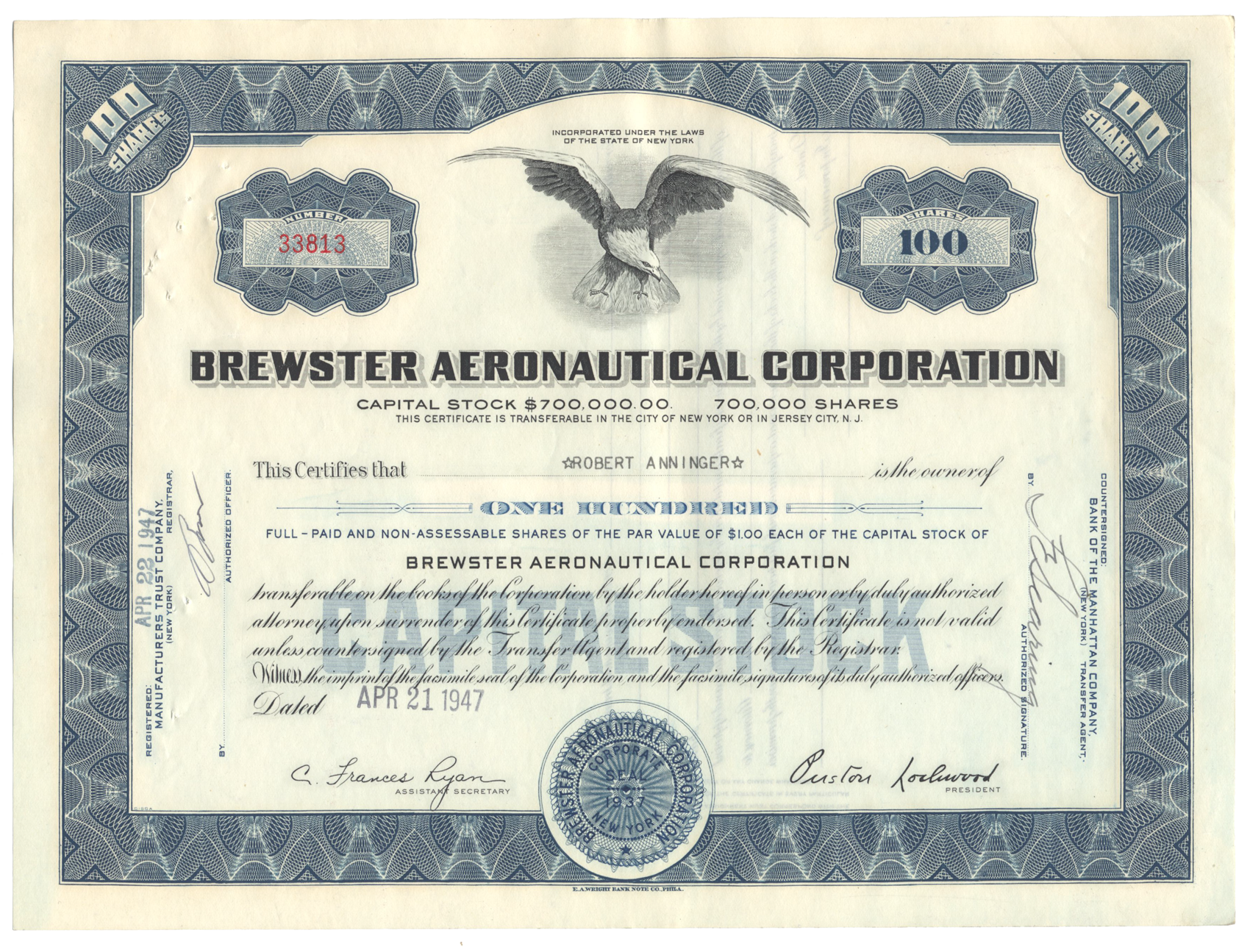 Brewster Aeronautical Corporation Stock Certificate