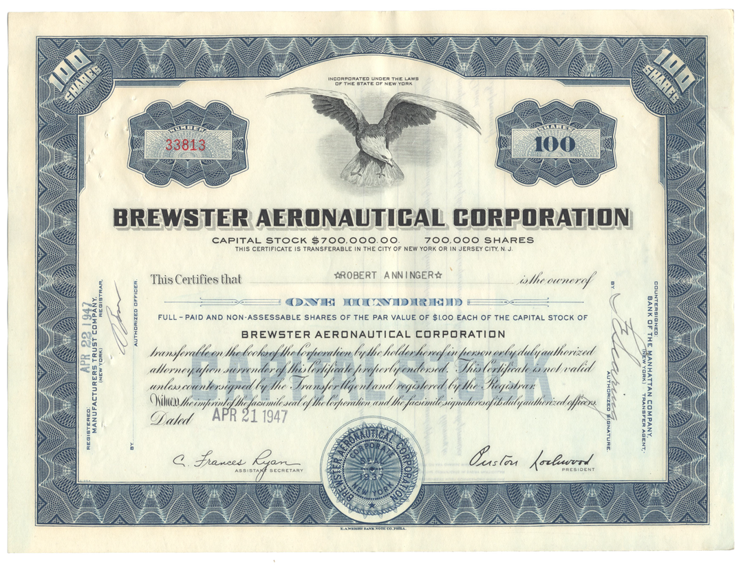 Brewster Aeronautical Corporation Stock Certificate