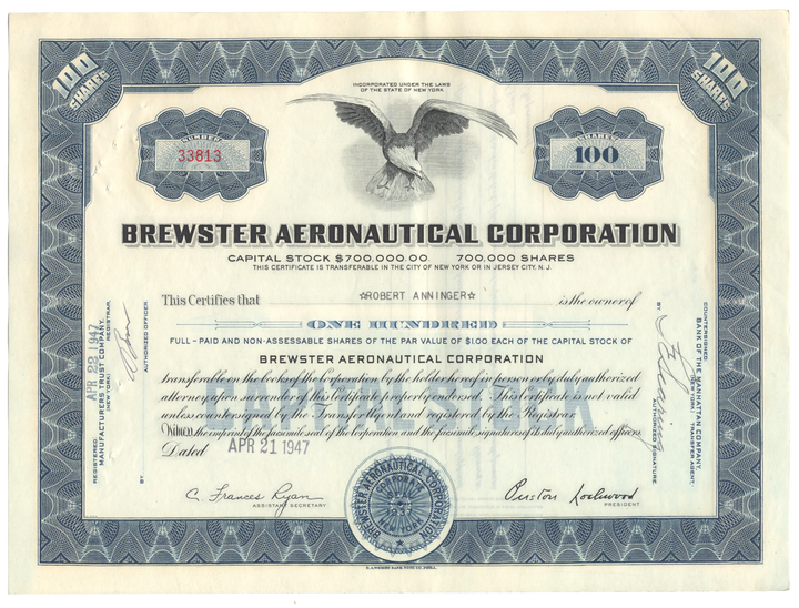 Brewster Aeronautical Corporation Stock Certificate