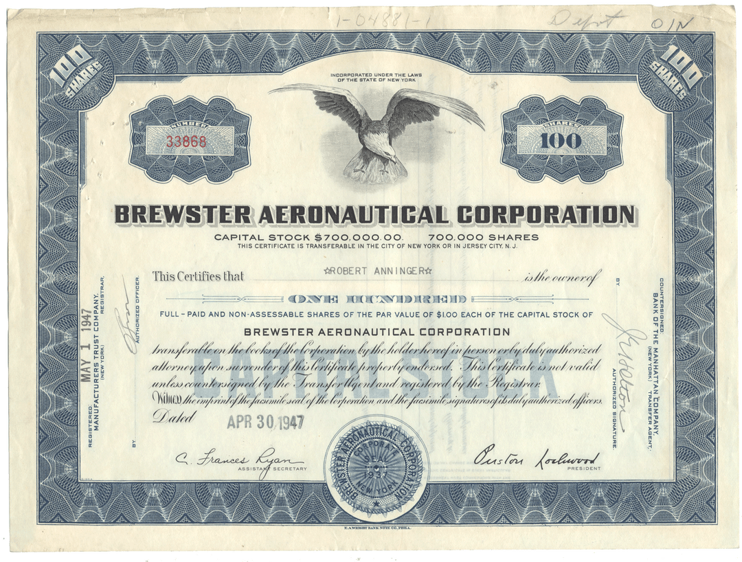 Stock certificate of Brewster Aeronautical Corporation with an eagle emblem.