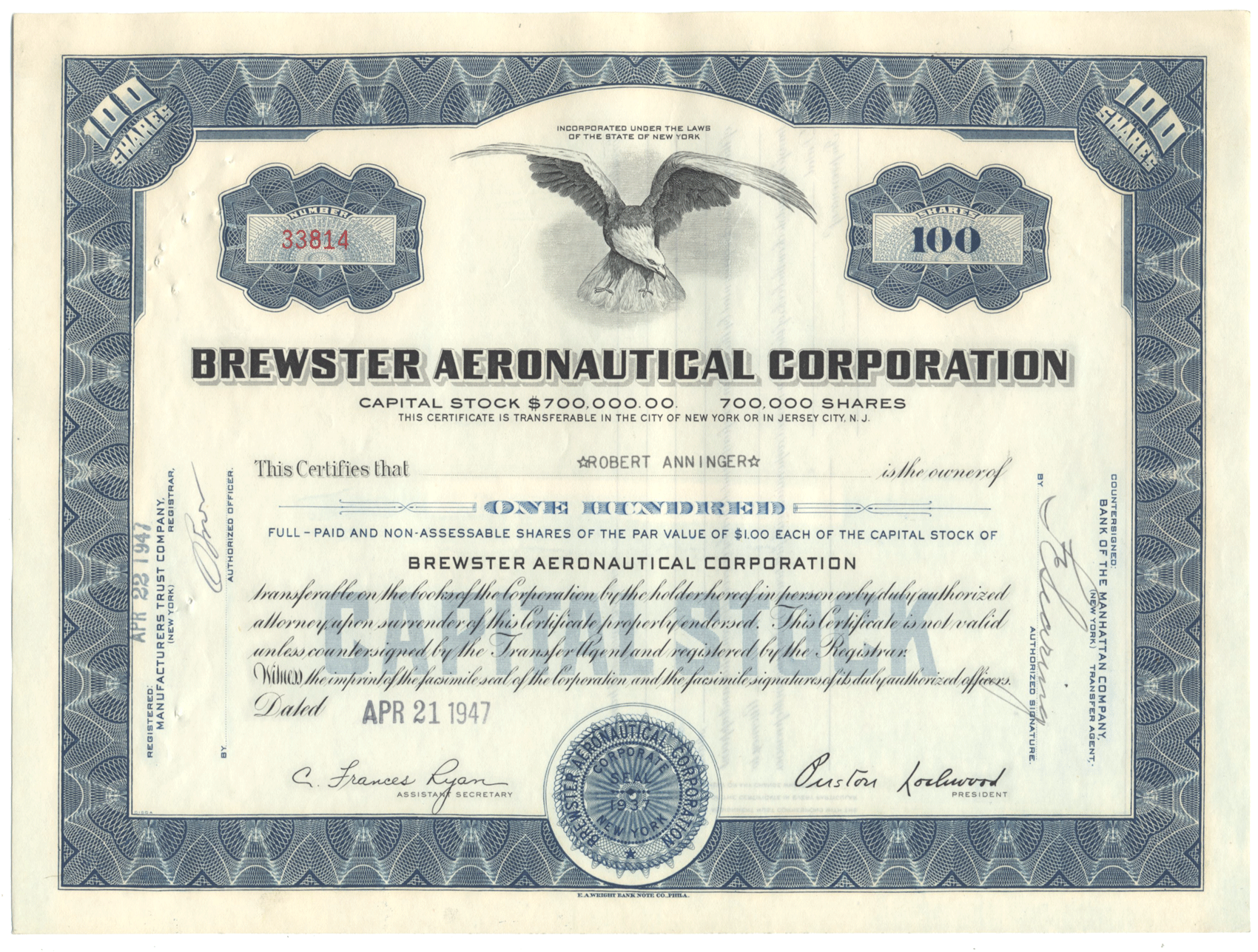 Brewster Aeronautical Corporation Stock Certificate