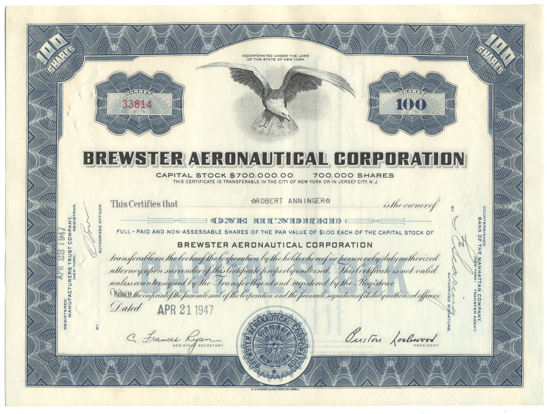 Brewster Aeronautical Corporation Stock Certificate