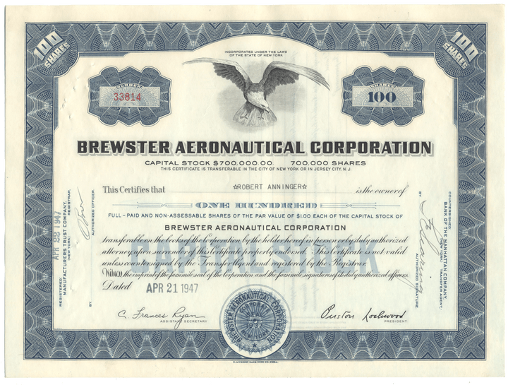 Brewster Aeronautical Corporation Stock Certificate