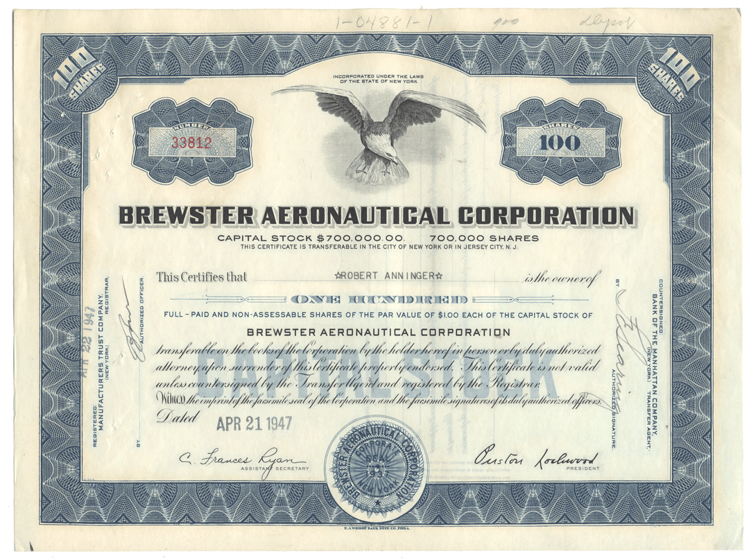 Brewster Aeronautical Corporation stock certificate with an eagle emblem