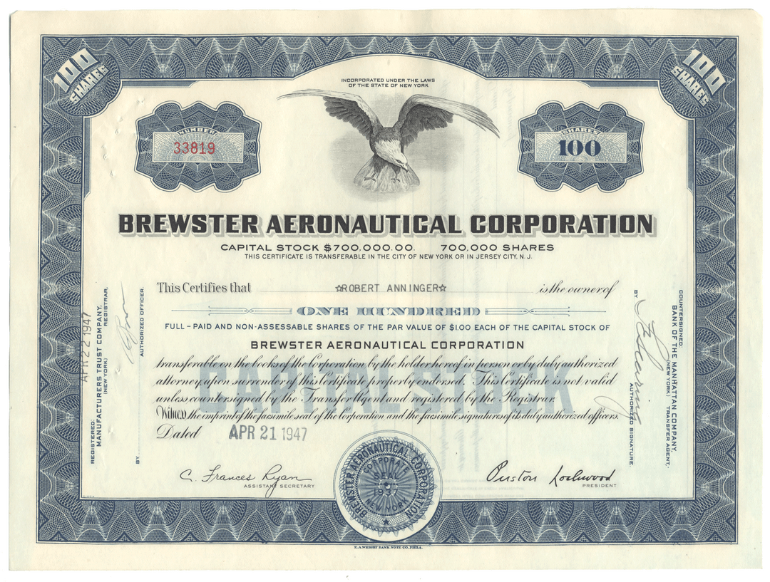 Brewster Aeronautical Corporation Stock Certificate