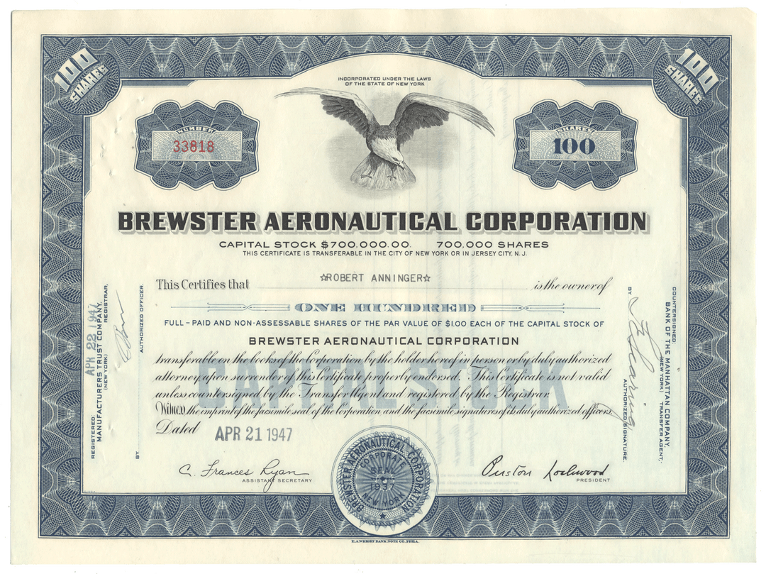 Brewster Aeronautical Corporation Stock Certificate