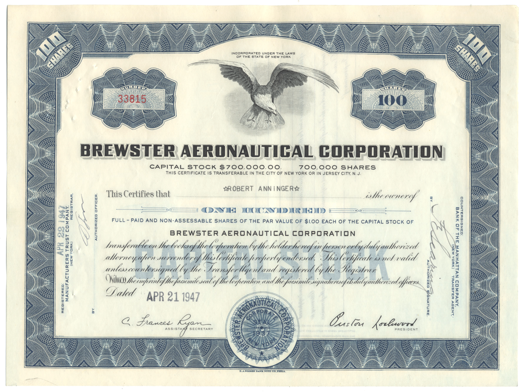 Brewster Aeronautical Corporation Stock Certificate