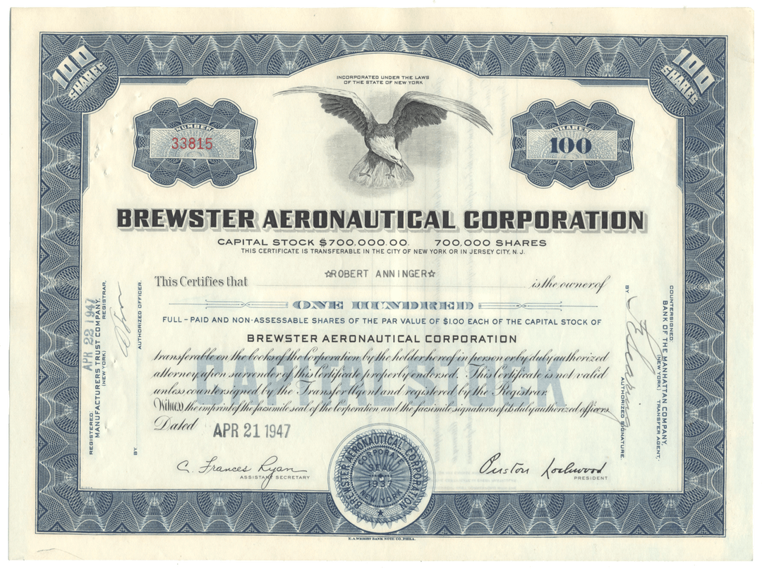 Brewster Aeronautical Corporation Stock Certificate