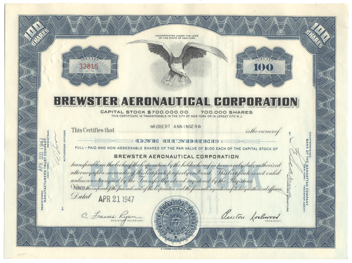 Brewster Aeronautical Corporation Stock Certificate