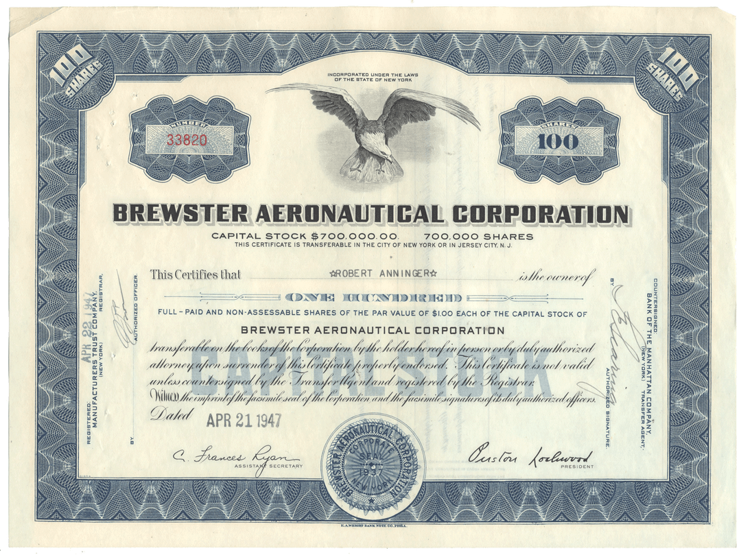 Stock certificate of Brewster Aeronautical Corporation with an eagle emblem.