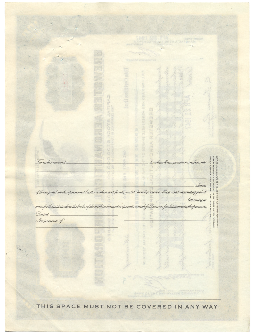 Brewster Aeronautical Corporation Stock Certificate