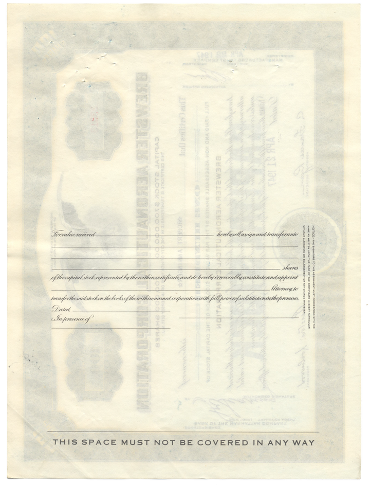 Brewster Aeronautical Corporation Stock Certificate