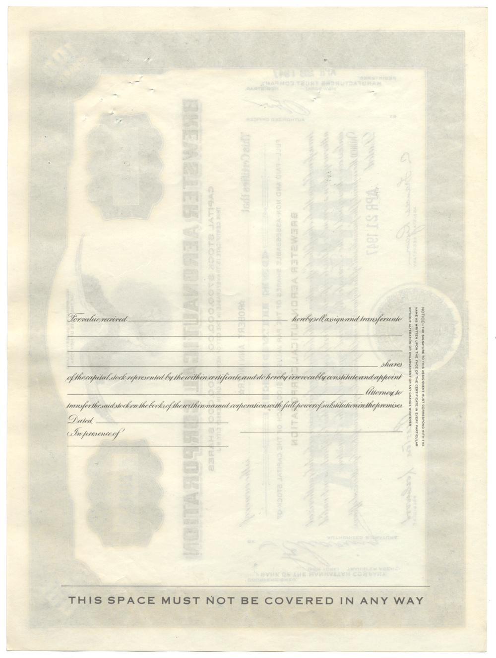 Brewster Aeronautical Corporation Stock Certificate