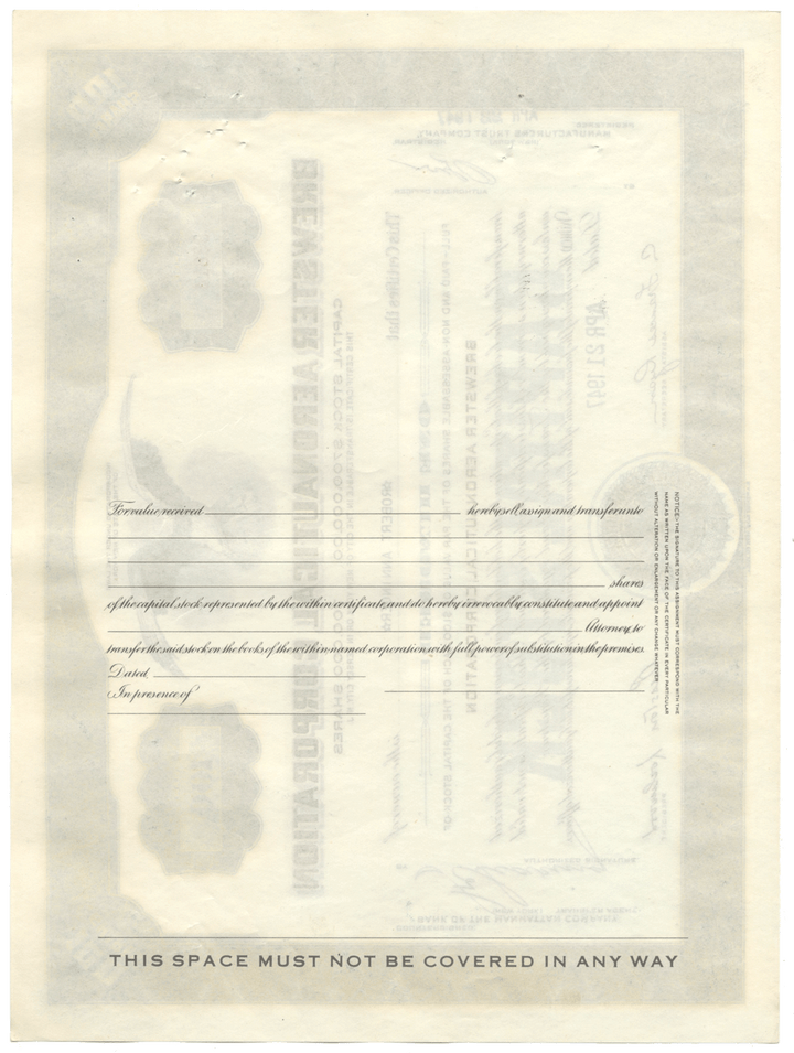 Brewster Aeronautical Corporation Stock Certificate